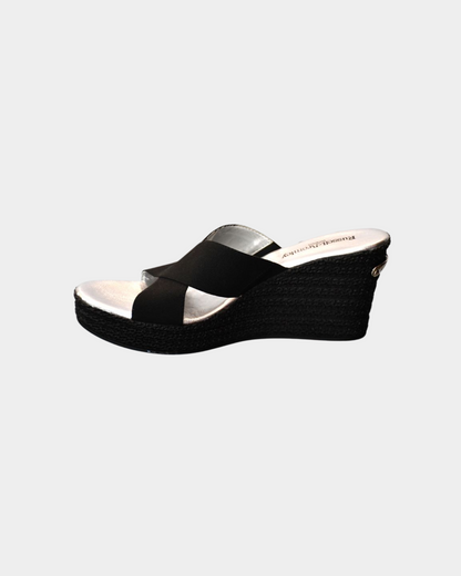 preloved Russell & Bromley Black Cross Strap Wedge Mules 