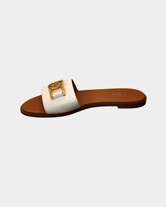 pre owned Louis Vuitton  LV Lock It White Flat Mules 