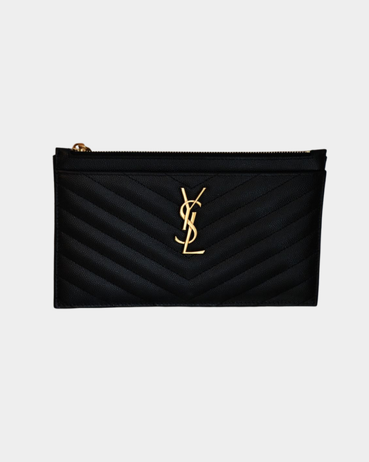 pre owned St Laurent YSL Monogram Embossed Black Leather Clutch unused