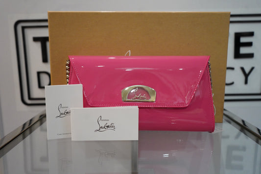 Preowned Louboutin Vero Dodat Patent Leather Ultra Rose Pink Clutch UNUSED