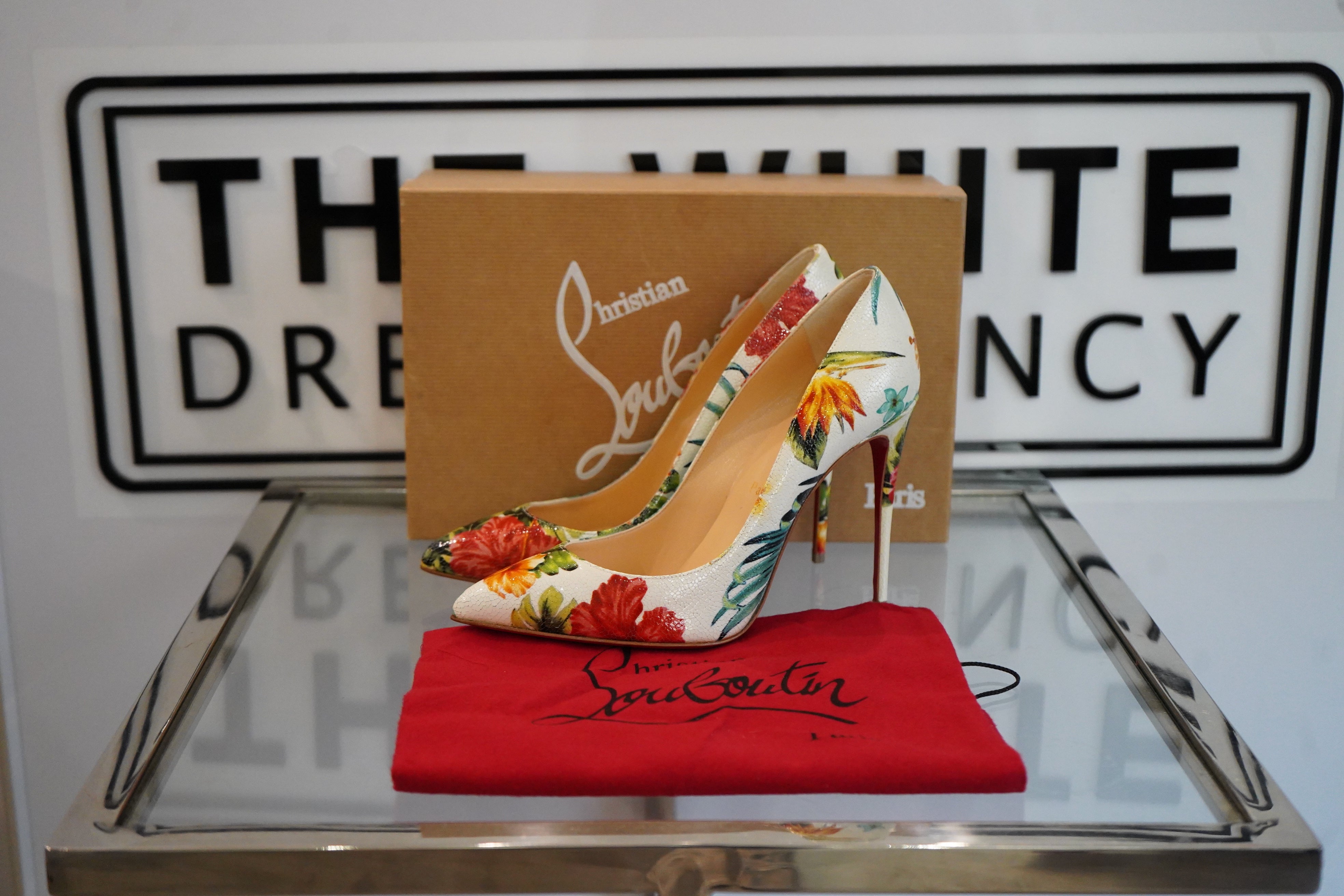 Preowned Christian Louboutin Pigalle Follies 100 Hawaii Shoes 5.5 The White Dress Agency