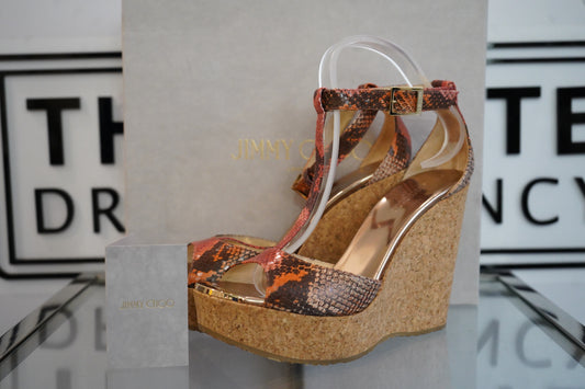 Preowned Jimmy Choo Python Wedge Orange and Pink Sandals (6) UNUSED