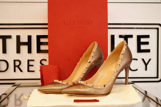 Preowned Valentino Metallic Bronze Leather Rockstud Shoes (5)