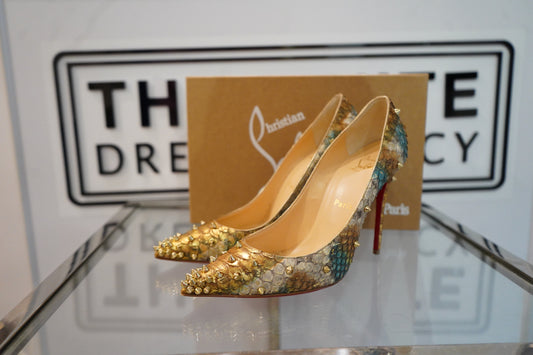 Preowned Christian Louboutin Degraspike 100 Python Ecore Multi Light Gold Shoes (5.5)