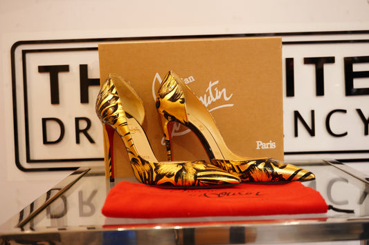 Preowned CHRISTIAN LOUBOUTIN Patent Lame Hibiscus Iriza 100 Pumps Black Gold (5.5)