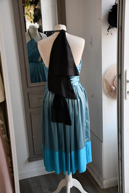 bow back of open back pleated Chloe Runway Blue Halter Bow Dress