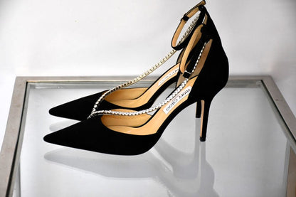 pre owned Italian Jimmy Choo Talika 85 black Suede crystal Shoes