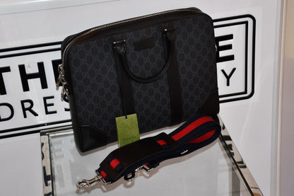 preowned Gucci GG Supreme Black Briefcase green red  detachable strap