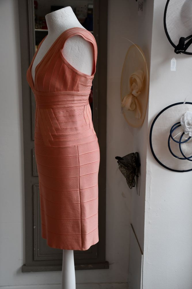 preowned Herve Leger Peach Blush Bodycon tight fitting  Dress
