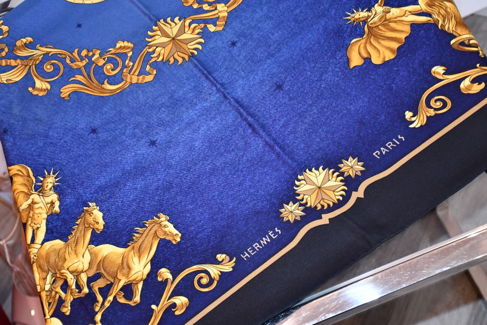 preowned Hermes Paris Cosmos Blue gold Silk Square Scarf