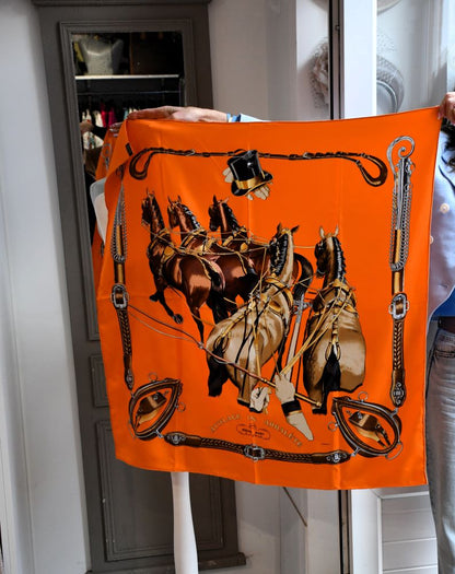 Hermes Orange Silk Attelage En Arbalete Scarf