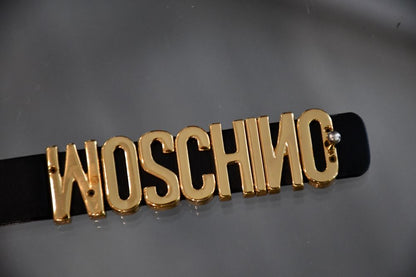 gold tone Moschino logo on preloved Moschino Logo Leather Belt