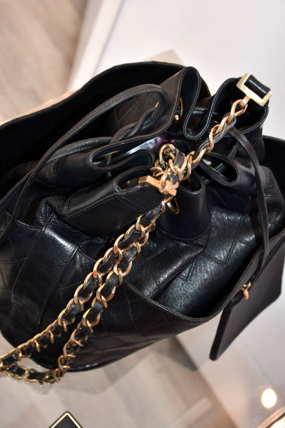 Chanel Gabrielle Black Leather Drawstring Bucket Bag