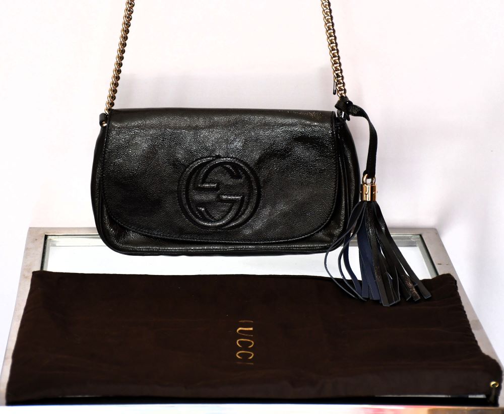 pre owned Gucci Soho Long Flap Leather Chain Crossbody with brown dustbag