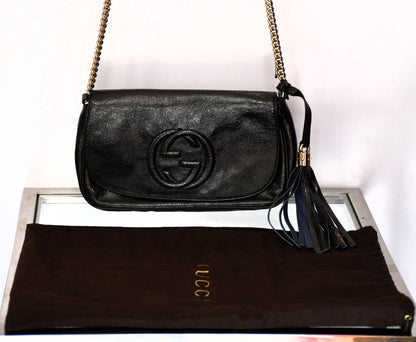 pre owned Gucci Soho Long Flap Leather Chain Crossbody with brown dustbag