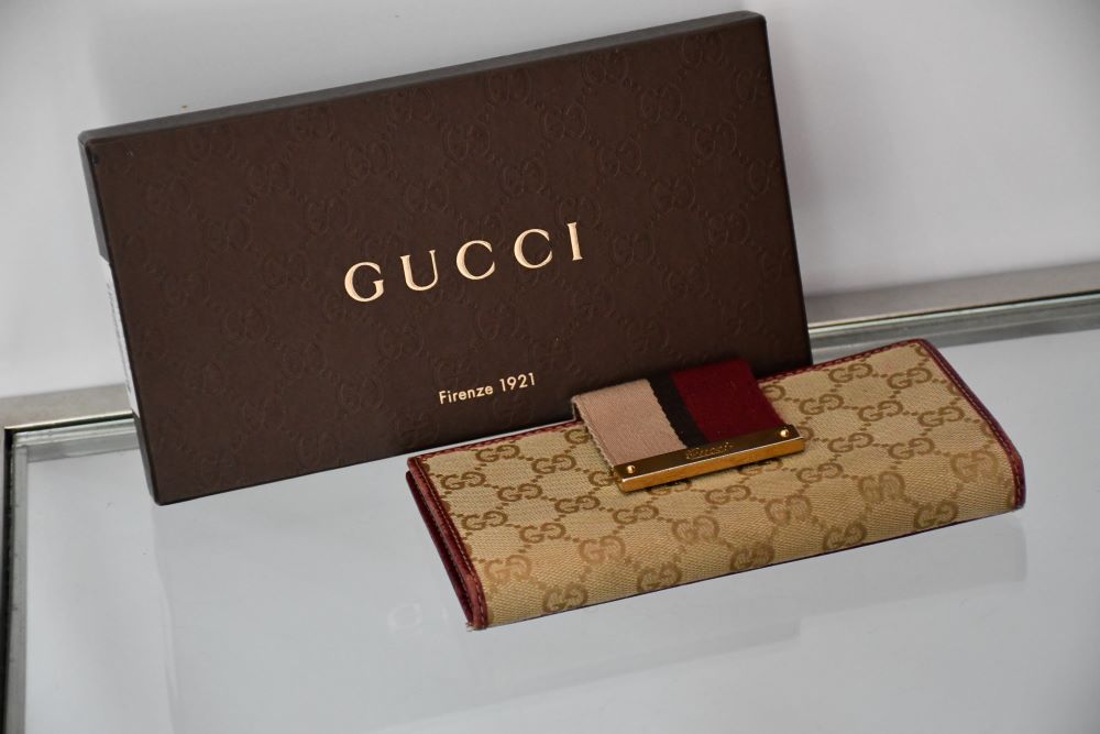 preowned Gucci Firenze 1921 Monogram Canvas Bi Fold Wallet with box