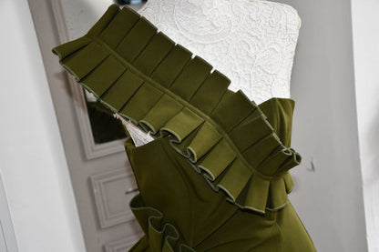 Andrea Iyamah Olive Green One Shoulder Ruffle Dress