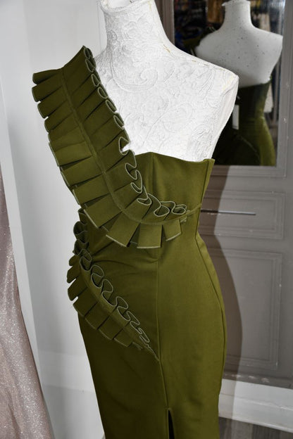 Andrea Iyamah Olive Green One Shoulder Ruffle Dress