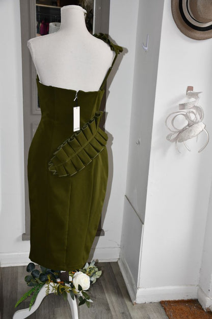 Andrea Iyamah Olive Green One Shoulder Ruffle Dress