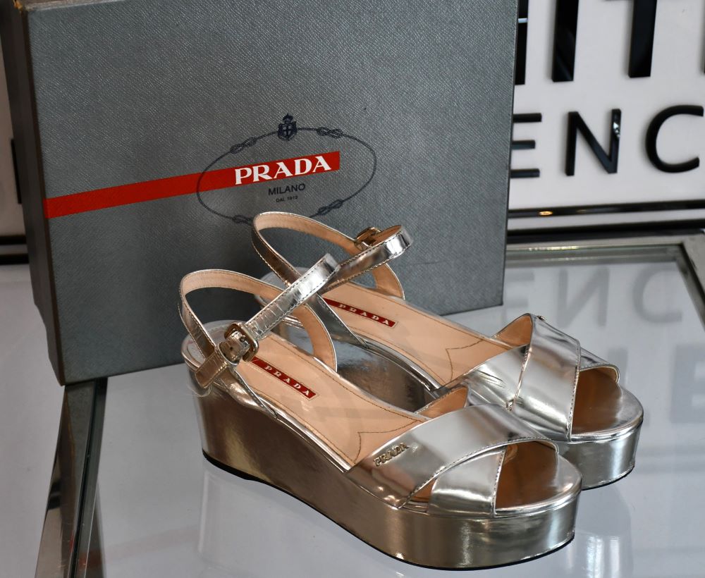 Prada Milano Vitello Metal Platform Silver Sandals 6 The White Dress Agency