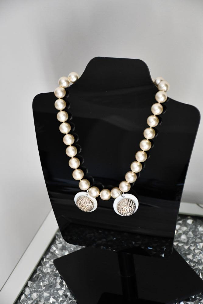 reworked preloved Chanel three Button Pendant Pearl Necklace