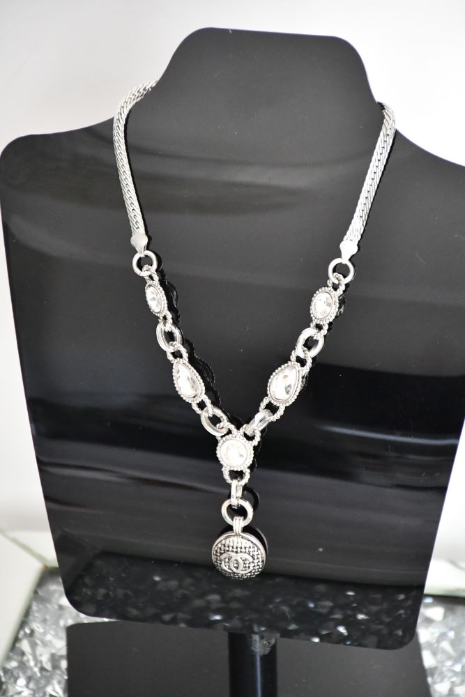 Reworked Chanel Silver tone Button Pendant Diamante Jewelled Chain Necklace