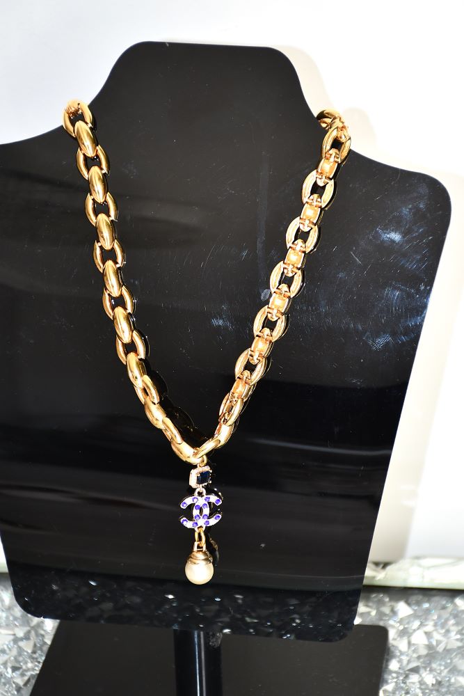 Reworked Chanel CC Pendant repurposed on to gold tone chunky Necklace