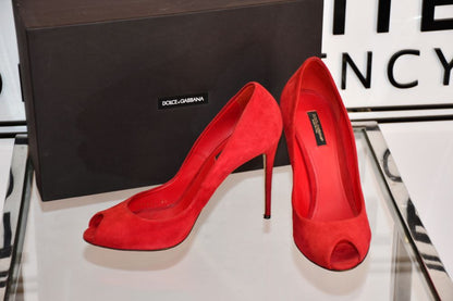 with box preowned Dolce & Gabbana Red Suede Peep Toe Heeled Shoes