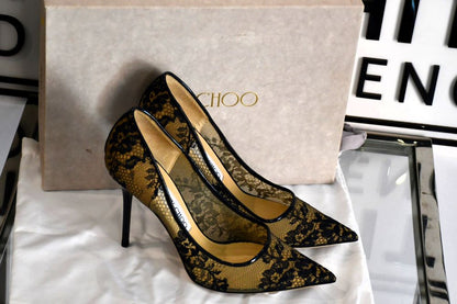 with box preowned Jimmy Choo Abel Sheer Floral Lace Stilettos 