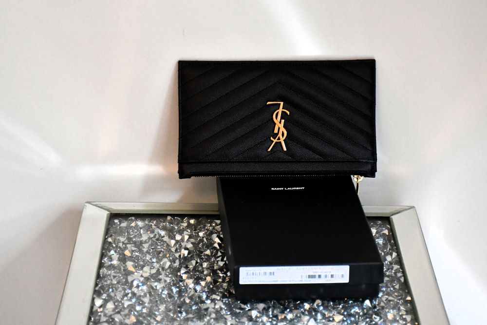 St Laurent YSL Monogram Embossed Black Leather Clutch