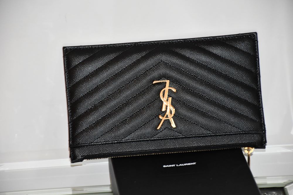 St Laurent YSL Monogram Embossed Black Leather Clutch