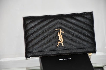 St Laurent YSL Monogram Embossed Black Leather Clutch