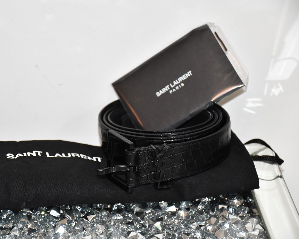 preloved St Laurent Black Leather Crocodile Effect Belt with dustbag and cards