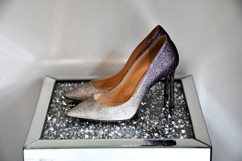 preloved Jimmy Choo Romy 100 Platiunum Amethyst Dusty Glitter Shoes