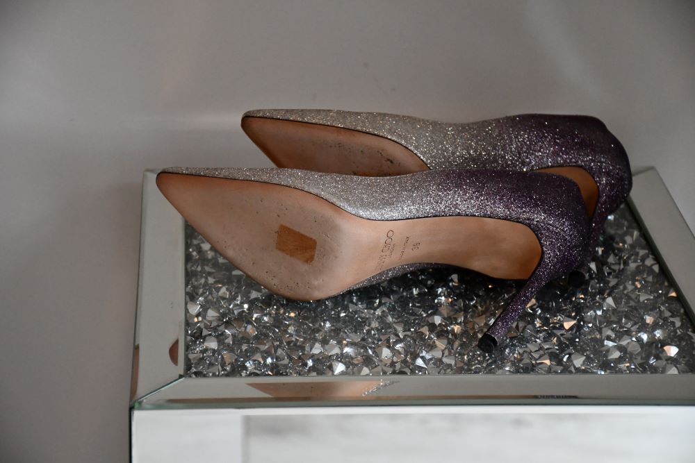 Jimmy Choo Romy 100 Platiunum Amethyst Dusty Glitter Heels (6)