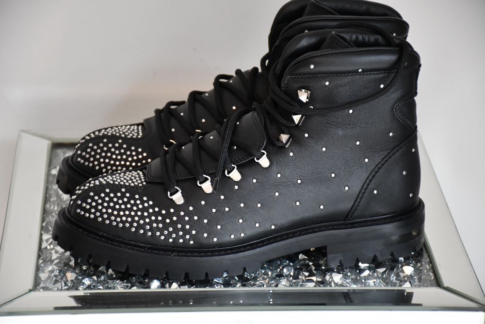 close up preowned Valentino micro  Studded, Black Leather, Mid Heel Boots 