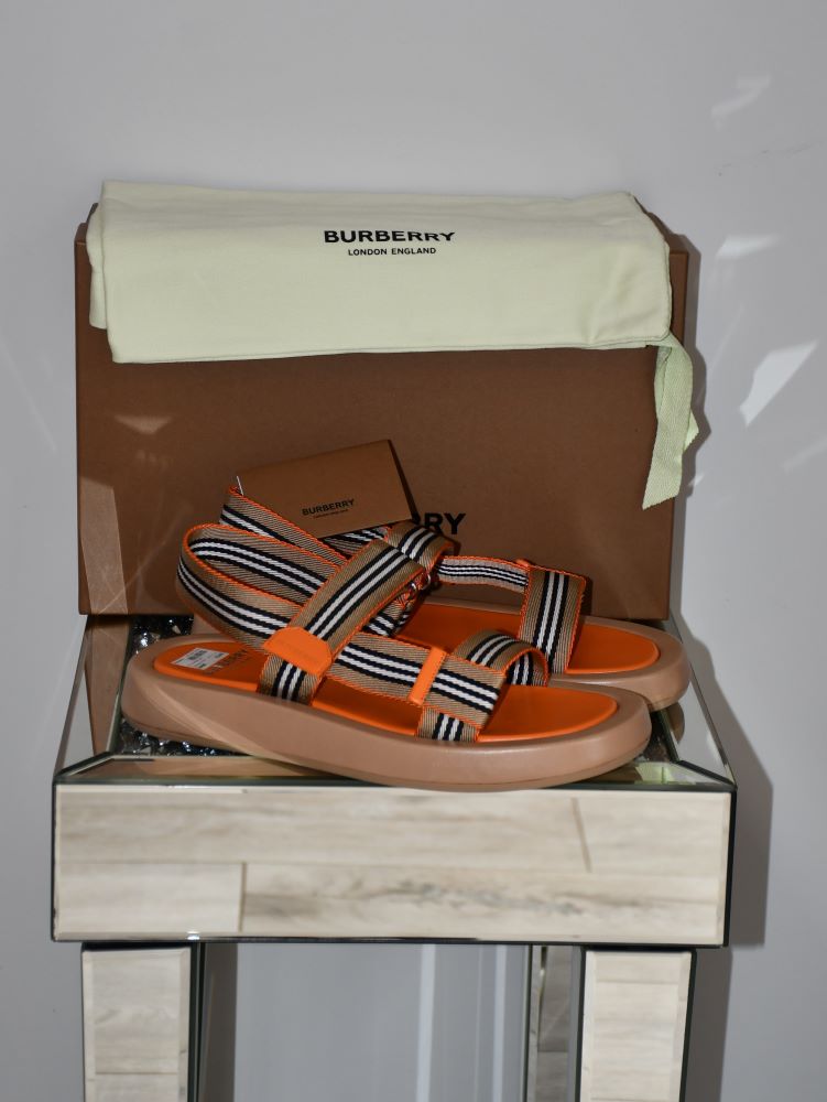 preowned Burberry Alf Sol Eve Orange Sandals with box and dustbags brand new