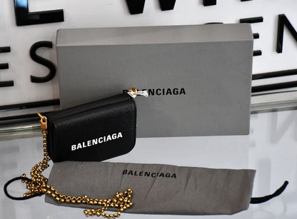 box dustbag preowned Balenciaga Cash Mini black leather Wallet on Chain