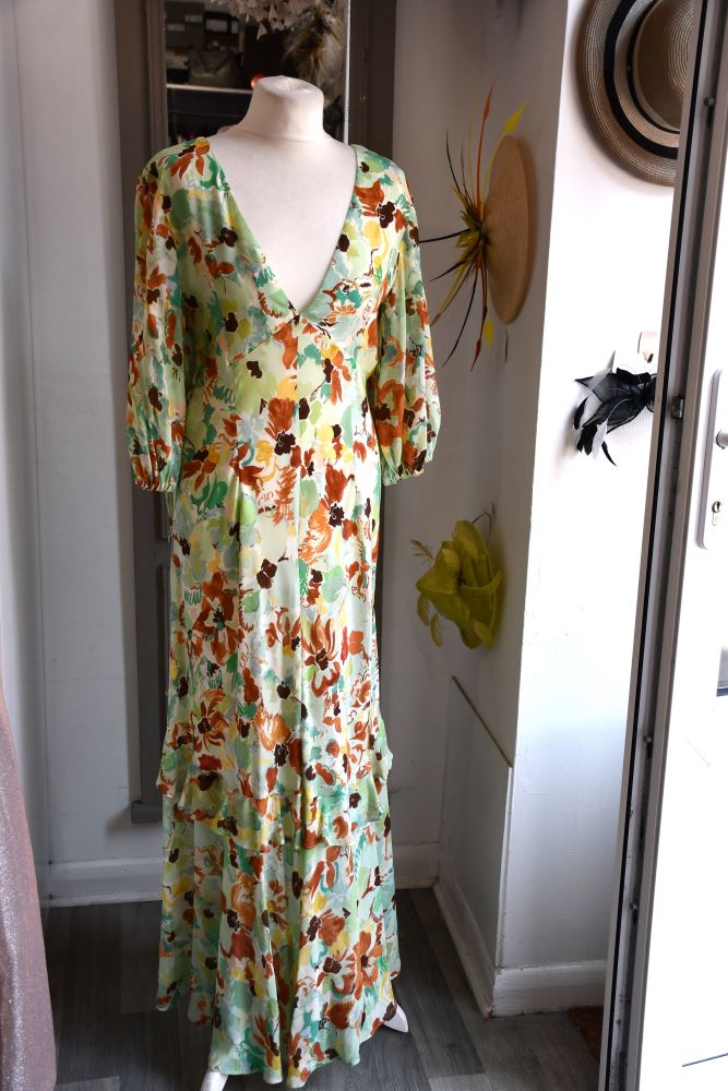 back of preowned brand new with tags Rixo Cheryl Floral Light Green Silk Dress 