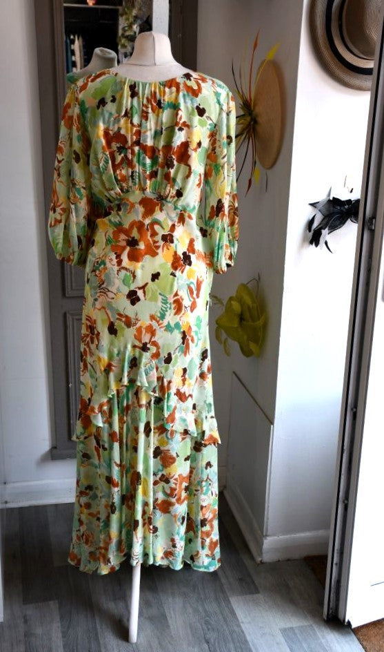 ruched front bodice preowned Rixo Cheryl Floral Light Green Silk Dress 