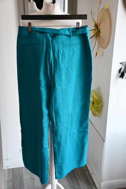 Hobbs Jacqui Lagoon Green Linen Crop Trousers (12) BNWT