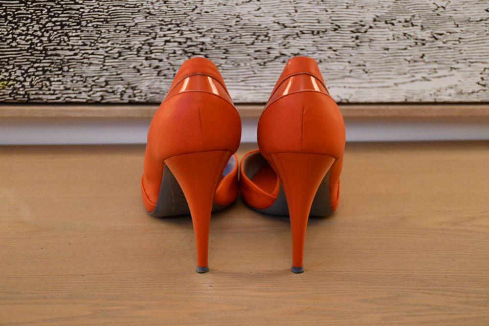 back of preowned Alexander McQueen Lex Punk Watermelon orange heeled Shoes 