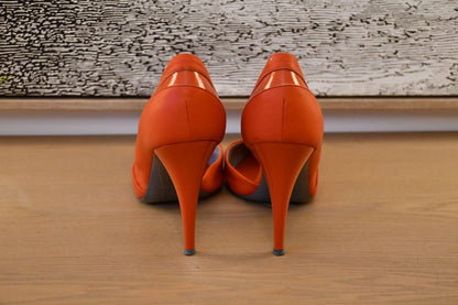 back of preowned Alexander McQueen Lex Punk Watermelon orange heeled Shoes 