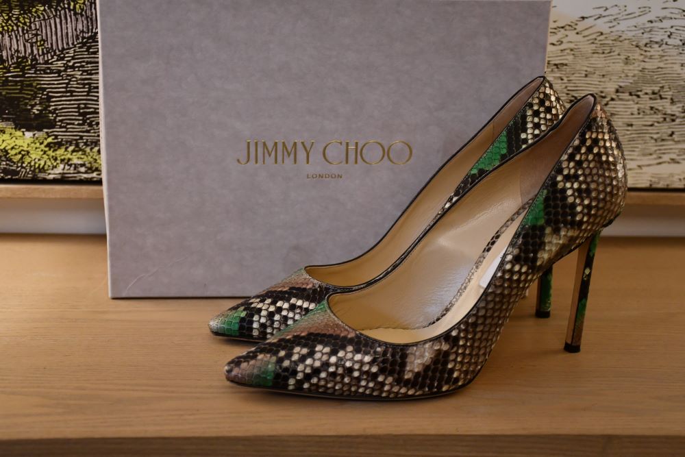 preloved Jimmy Choo Romy 100 Shoes infront or Jimmy Choo box