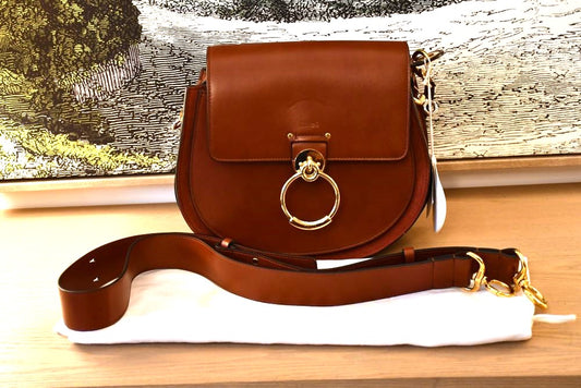 pre owned Chloe Tess Sepia Brown Shoulder Bag behind dustbag