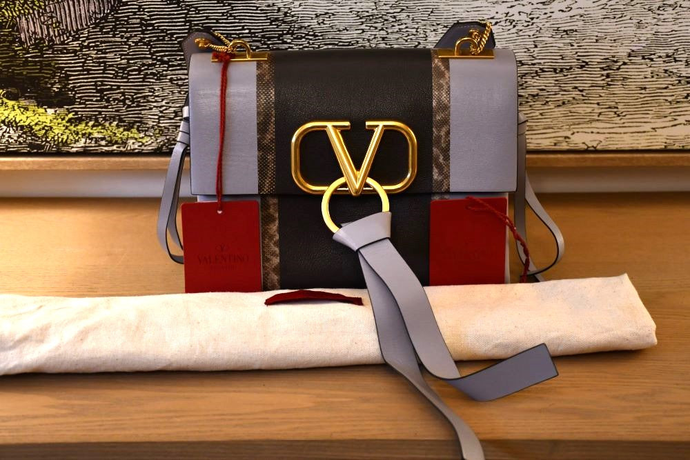 pre owned Valentino Calfskin Multicolour V Ring Medium Shoulder Bag  behind dustbag