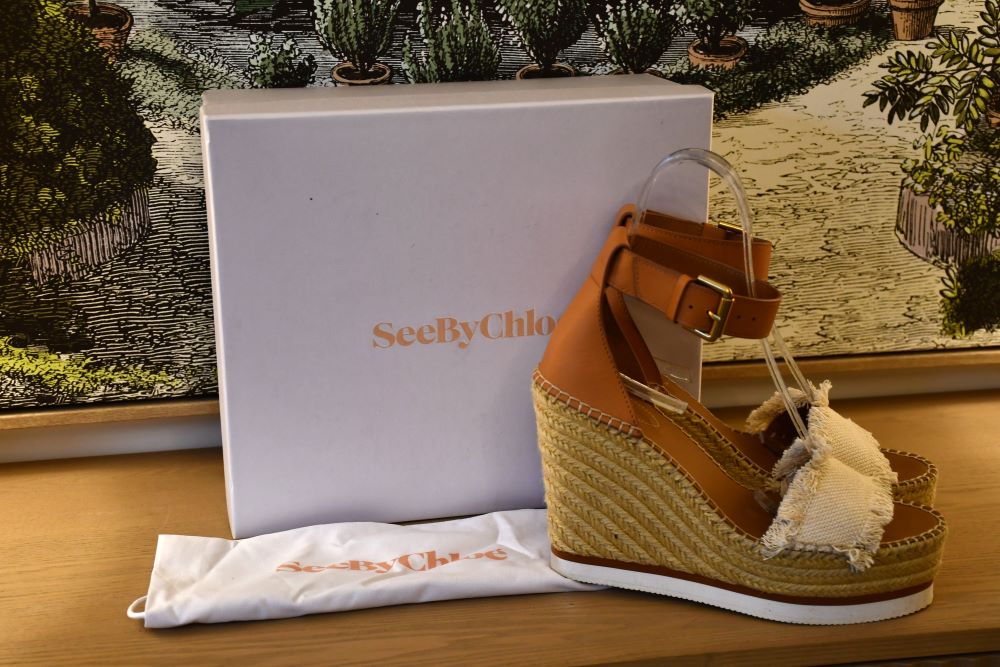 preowned See By Chloe  BNWT T Big Canvas 120 Calf Leather espadrille Platform Sandals infront of See by Chloe box