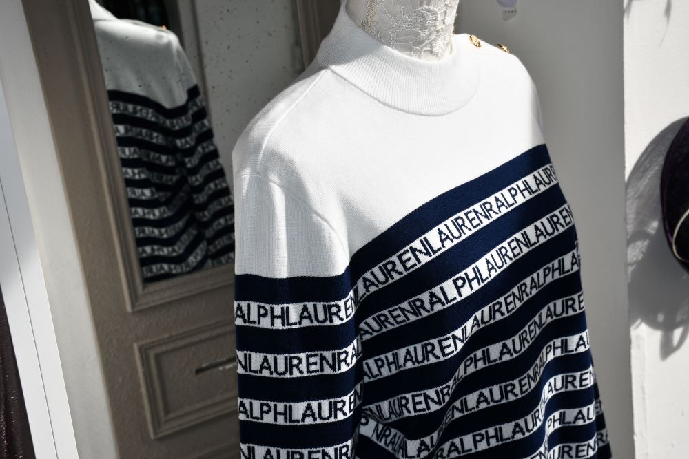 Ralph Lauren Monogram White and Blue Wool Mix Jumper (XL)