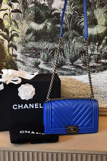 Chanel Boy Blue Chevron Caviar Leather Flap Bag