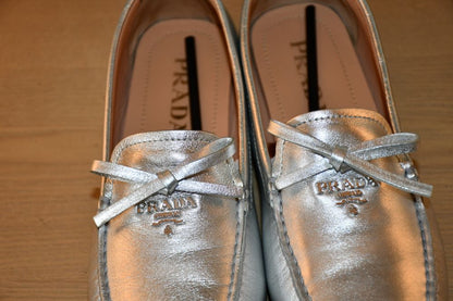 Prada Mordore Calzatura Donna Silver Leather Loafers (7)